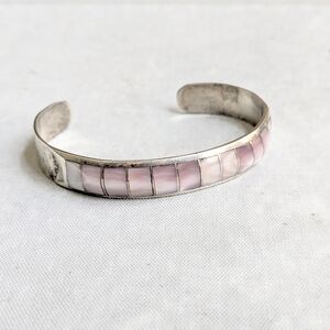 Vintage Sterling Silver Cuff Bracelet Pink MOP Mother Of Pearl 5"